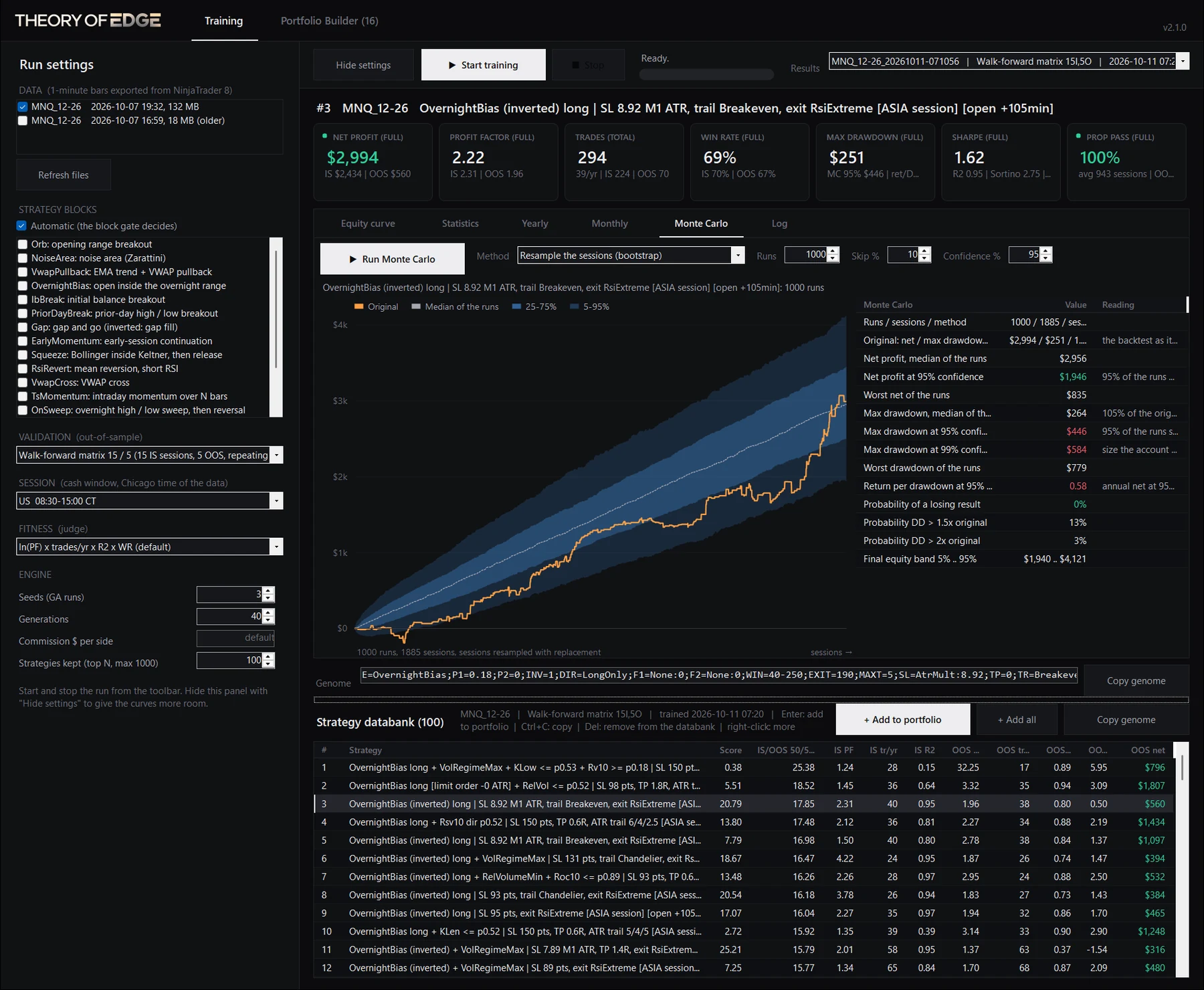 Monte Carlo: the fan of 1,000 resampled equity paths around the original